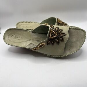 Clarks Artisan Womens Wood Beaded Wedge Sandal Slide 8M Mint Green Leather 76427